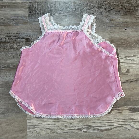 Vintage Pink Lace Trim Satin Camisole Tank Union Made in USA Coquette M - Picture 3 of 5